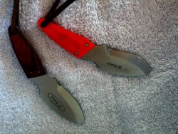 Biltong Knife with orange g-10 handle and biltong knife with dymondwood handle